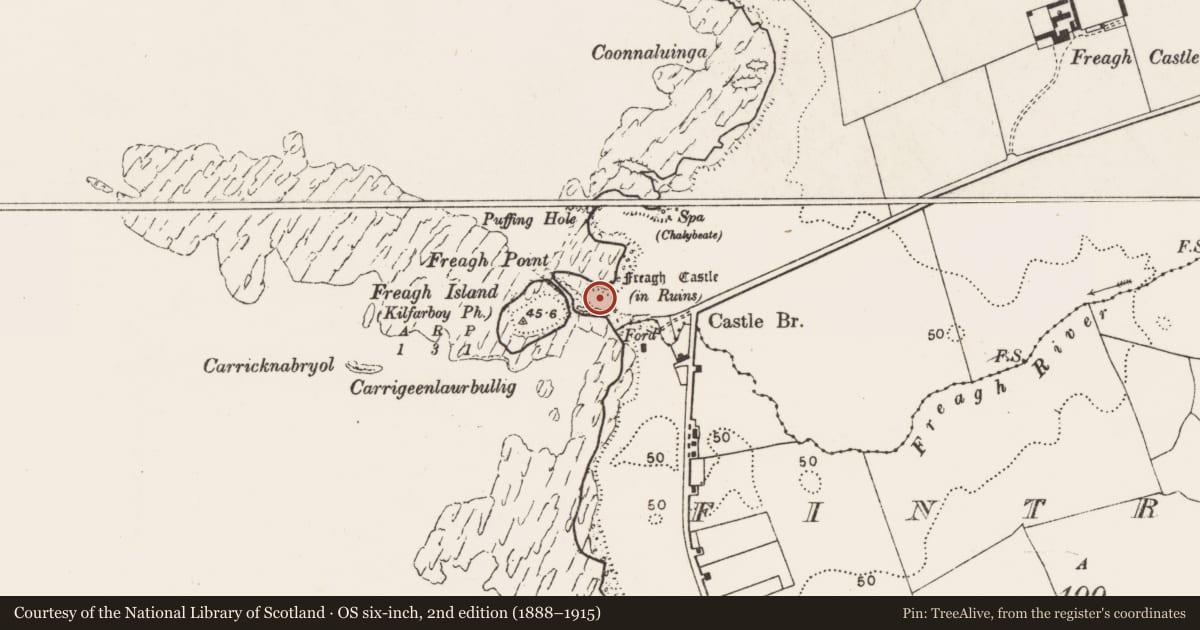 Ordnance Survey six-inch map, 2nd edition (1888–1915) covering the location of Promontory fort - coastal, Freaghcastle, County Clare, with a pin at the register's coordinates