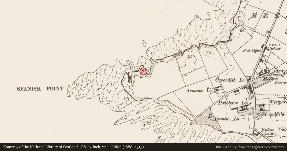 Ordnance Survey six-inch map, 2nd edition (1888–1915) covering the location of Promontory fort - coastal, Breaffy South, County Clare, with a pin at the register's coordinates