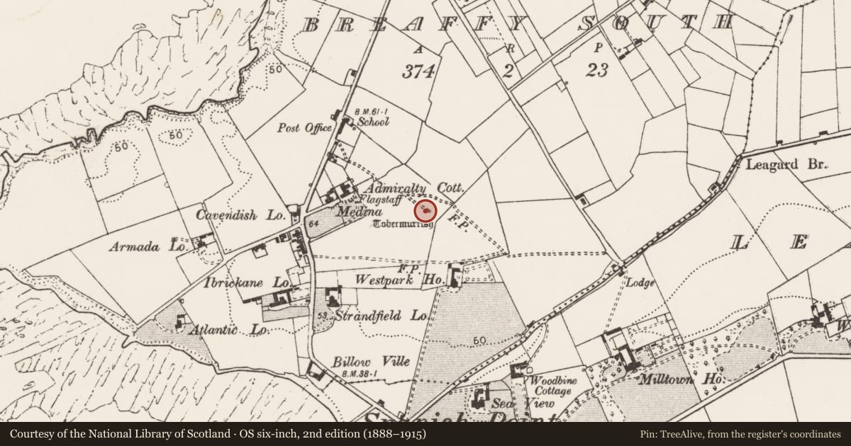 Ordnance Survey six-inch map, 2nd edition (1888–1915) covering the location of Ritual site - holy well, Breaffy South, County Clare, with a pin at the register's coordinates