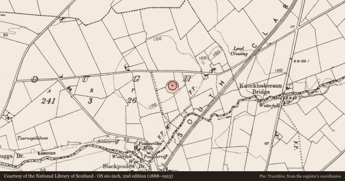 Ordnance Survey six-inch map, 2nd edition (1888–1915) covering the location of Ringfort - rath, Dough, County Clare, with a pin at the register's coordinates