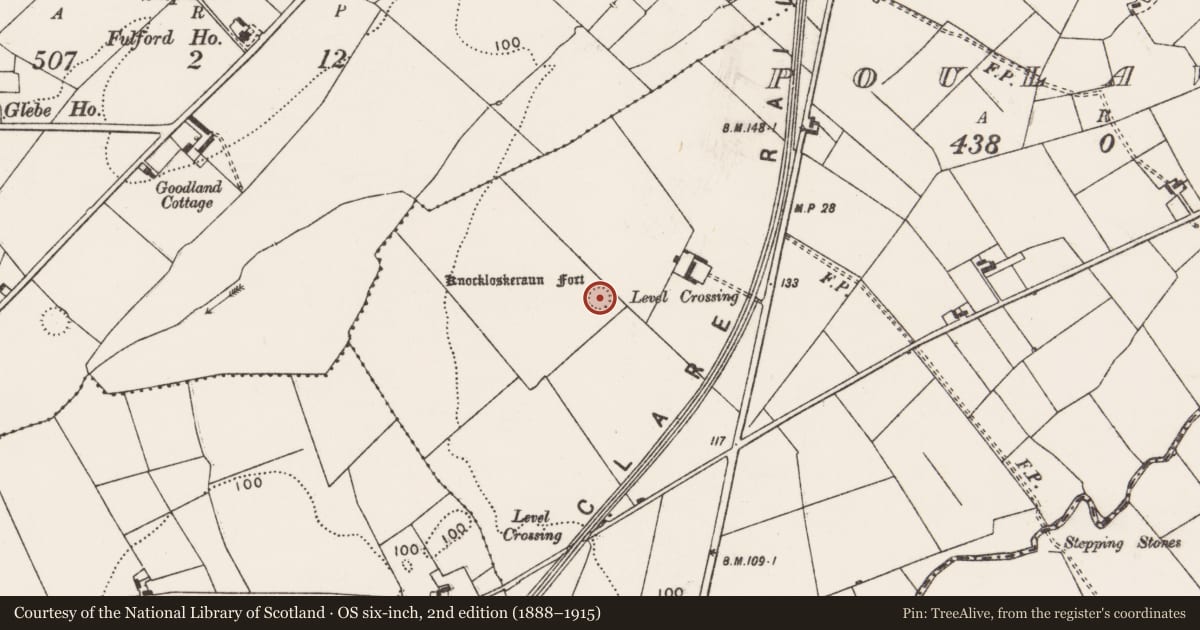 Ordnance Survey six-inch map, 2nd edition (1888–1915) covering the location of Ringfort - rath, Poulawillin, County Clare, with a pin at the register's coordinates