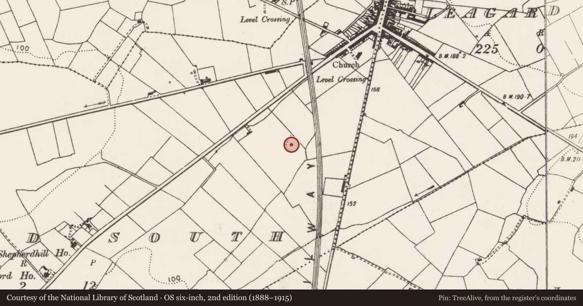 Ordnance Survey six-inch map, 2nd edition (1888–1915) covering the location of Ringfort - rath, Leagard South, County Clare, with a pin at the register's coordinates