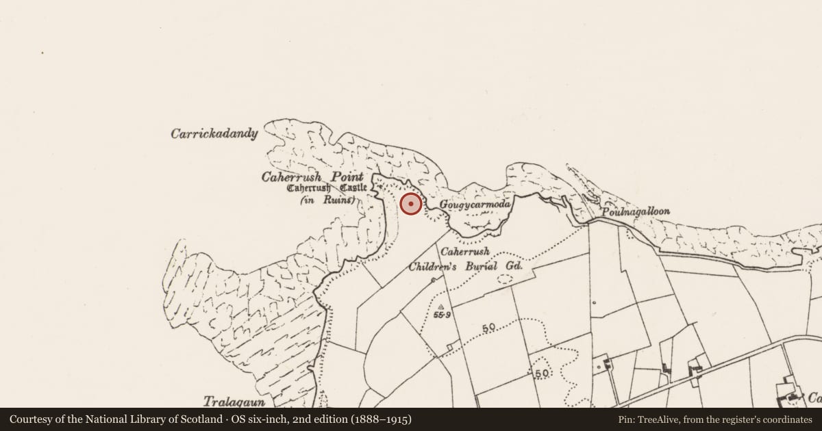 Ordnance Survey six-inch map, 2nd edition (1888–1915) covering the location of Promontory fort - coastal, Caherrush, County Clare, with a pin at the register's coordinates