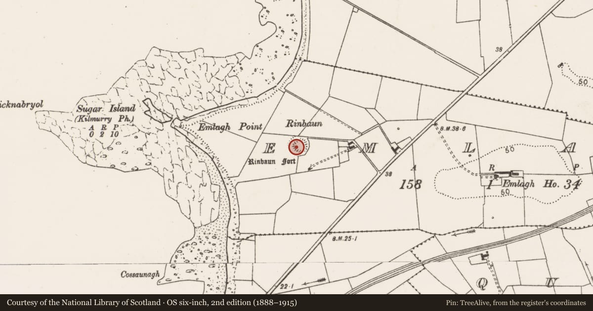 Ordnance Survey six-inch map, 2nd edition (1888–1915) covering the location of Souterrain, Emlagh, County Clare, with a pin at the register's coordinates