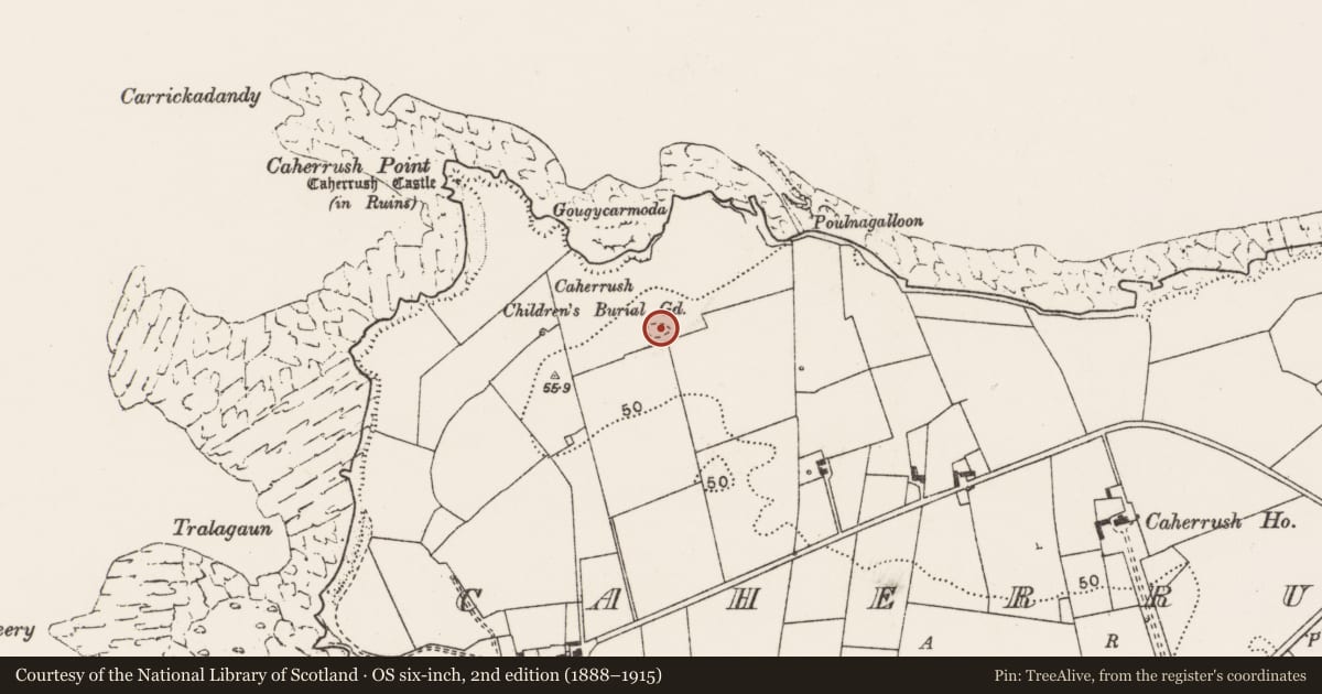 Ordnance Survey six-inch map, 2nd edition (1888–1915) covering the location of Children's burial ground, Caherrush, County Clare, with a pin at the register's coordinates