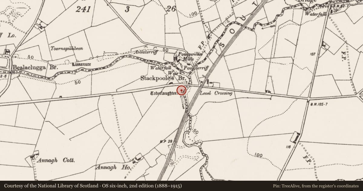 Ordnance Survey six-inch map, 2nd edition (1888–1915) covering the location of Ritual site - holy well, Annagh, County Clare, with a pin at the register's coordinates