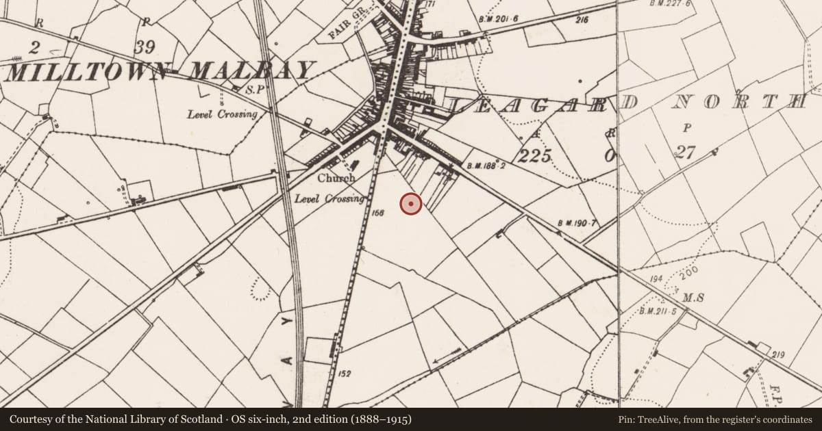 Ordnance Survey six-inch map, 2nd edition (1888–1915) covering the location of Standing stone, Leagard North, County Clare, with a pin at the register's coordinates