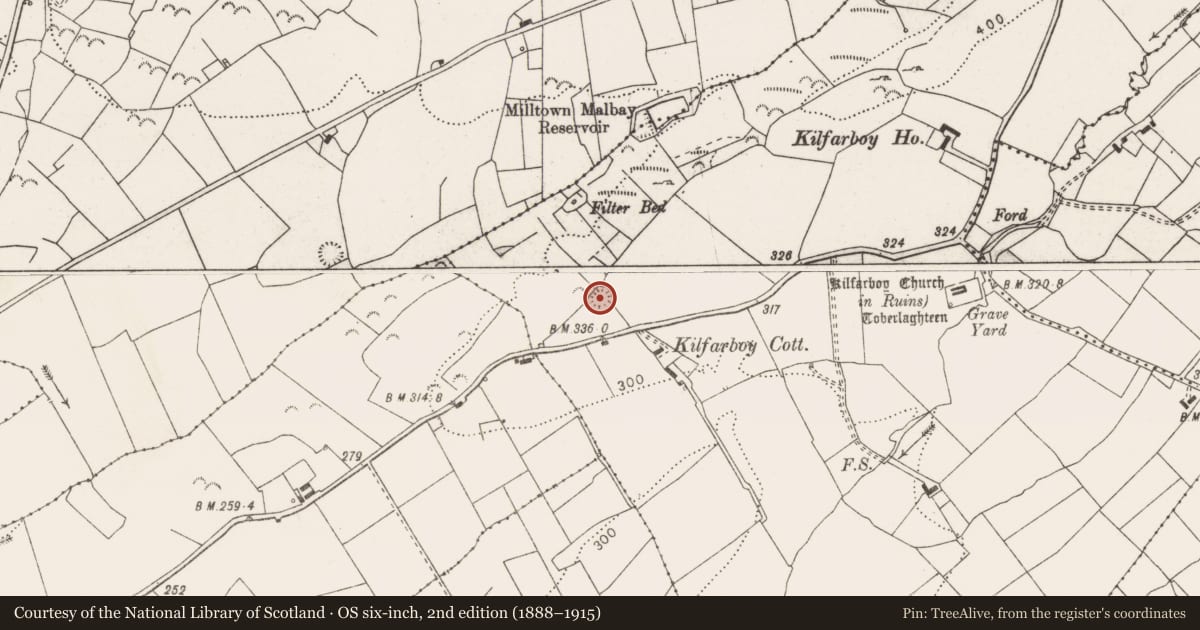 Ordnance Survey six-inch map, 2nd edition (1888–1915) covering the location of Ringfort - rath, Kilfarboy, County Clare, with a pin at the register's coordinates