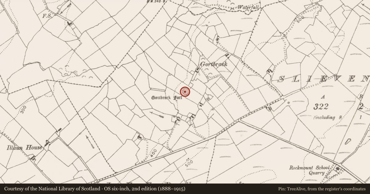 Ordnance Survey six-inch map, 2nd edition (1888–1915) covering the location of Ringfort - rath, Leeds, County Clare, with a pin at the register's coordinates