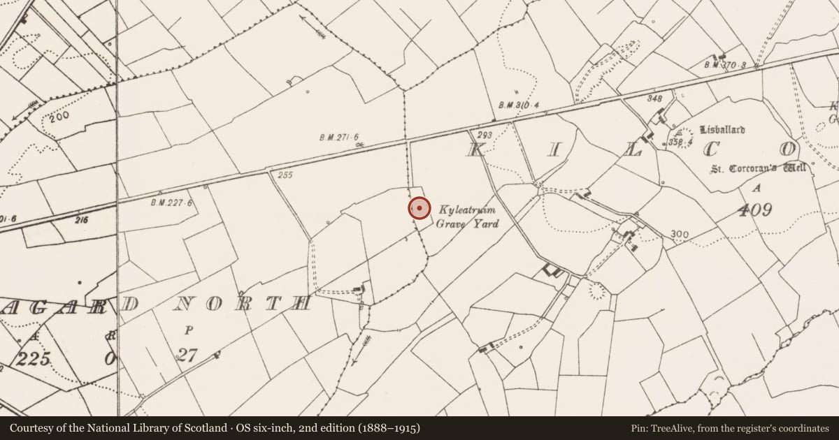 Ordnance Survey six-inch map, 2nd edition (1888–1915) covering the location of Burial ground, Kilcorcoran, County Clare, with a pin at the register's coordinates