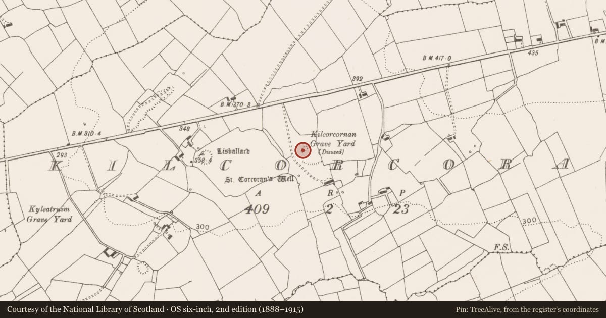 Ordnance Survey six-inch map, 2nd edition (1888–1915) covering the location of Children's burial ground, Kilcorcoran, County Clare, with a pin at the register's coordinates
