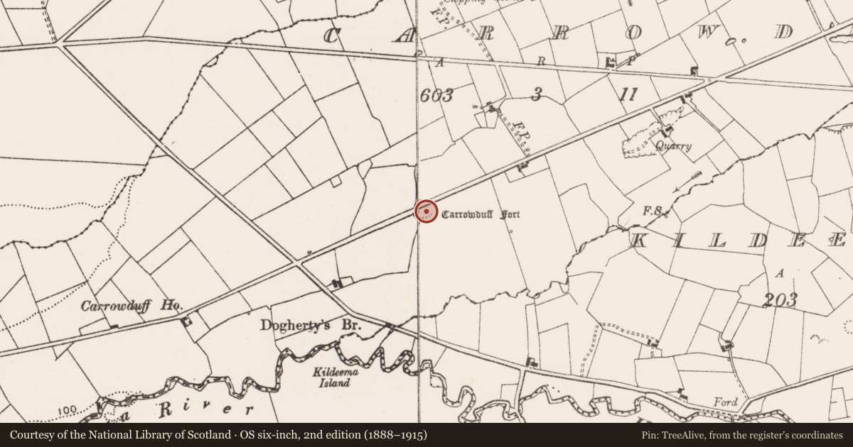 Ordnance Survey six-inch map, 2nd edition (1888–1915) covering the location of Earthwork, Carrowduff, County Clare, with a pin at the register's coordinates