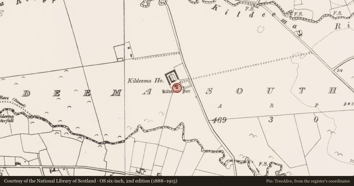 Ordnance Survey six-inch map, 2nd edition (1888–1915) covering the location of Earthwork, Kildeema South, County Clare, with a pin at the register's coordinates