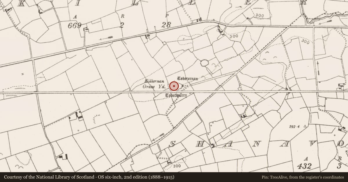 Ordnance Survey six-inch map, 2nd edition (1888–1915) covering the location of Burial ground, Killernan, County Clare, with a pin at the register's coordinates
