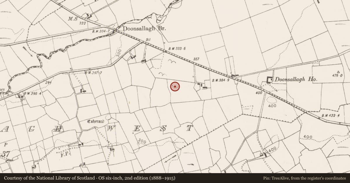 Ordnance Survey six-inch map, 2nd edition (1888–1915) covering the location of Ringfort - rath, Doonsallagh West, County Clare, with a pin at the register's coordinates