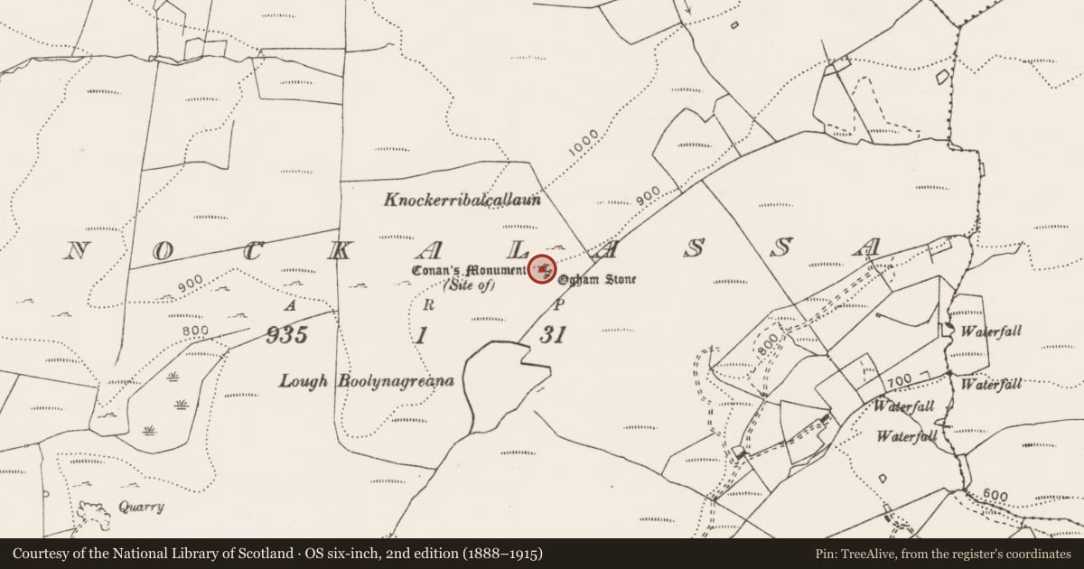 Ordnance Survey six-inch map, 2nd edition (1888–1915) covering the location of Cairn - unclassified, Knockalassa, County Clare, with a pin at the register's coordinates