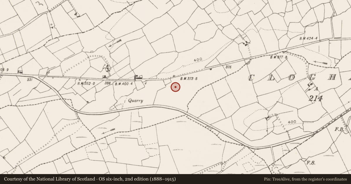 Ordnance Survey six-inch map, 2nd edition (1888–1915) covering the location of Fulacht fia, Cloghaun More, County Clare, with a pin at the register's coordinates
