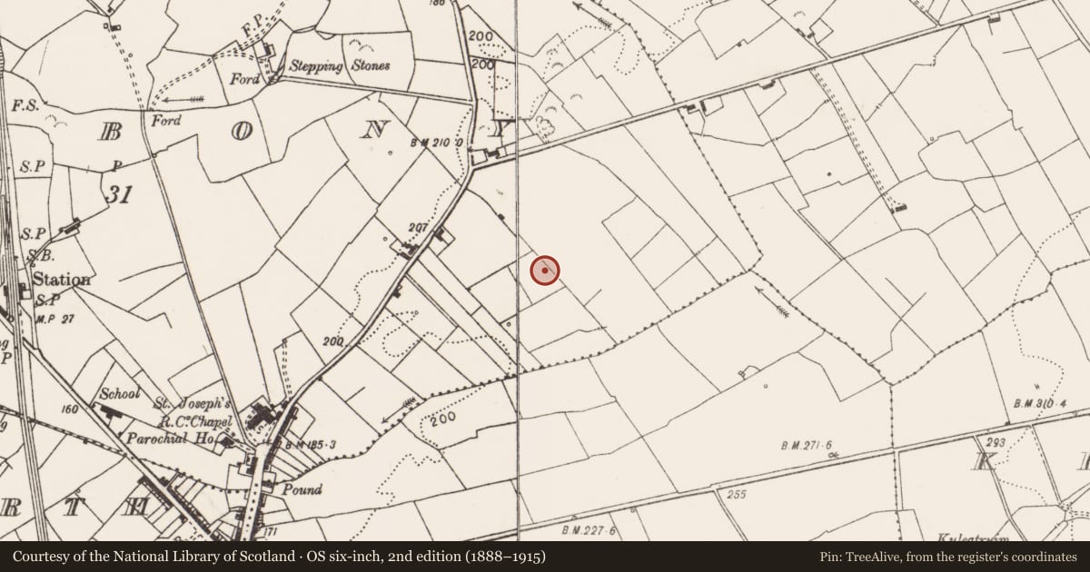 Ordnance Survey six-inch map, 2nd edition (1888–1915) covering the location of Ringfort - rath, Cloonbony, County Clare, with a pin at the register's coordinates