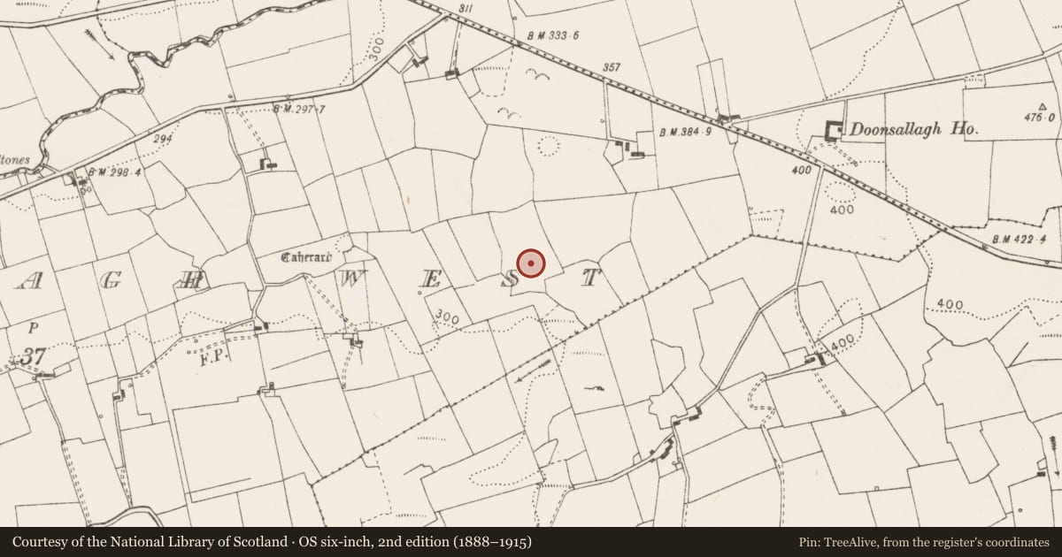 Ordnance Survey six-inch map, 2nd edition (1888–1915) covering the location of Mound, Doonsallagh West, County Clare, with a pin at the register's coordinates