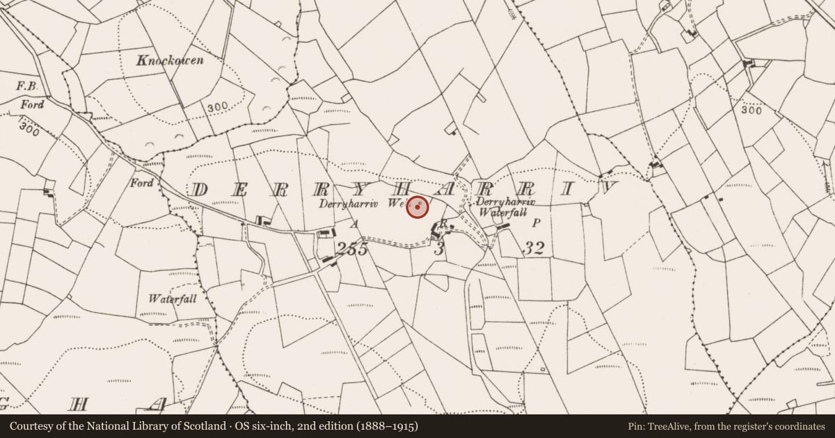 Ordnance Survey six-inch map, 2nd edition (1888–1915) covering the location of Ritual site - holy well, Derryharriv, County Clare, with a pin at the register's coordinates