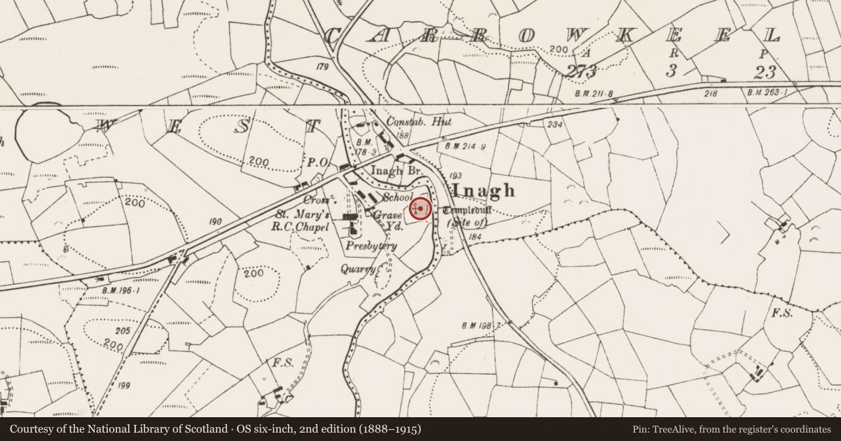 Ordnance Survey six-inch map, 2nd edition (1888–1915) covering the location of Church, Carrowkeel West, County Clare, with a pin at the register's coordinates