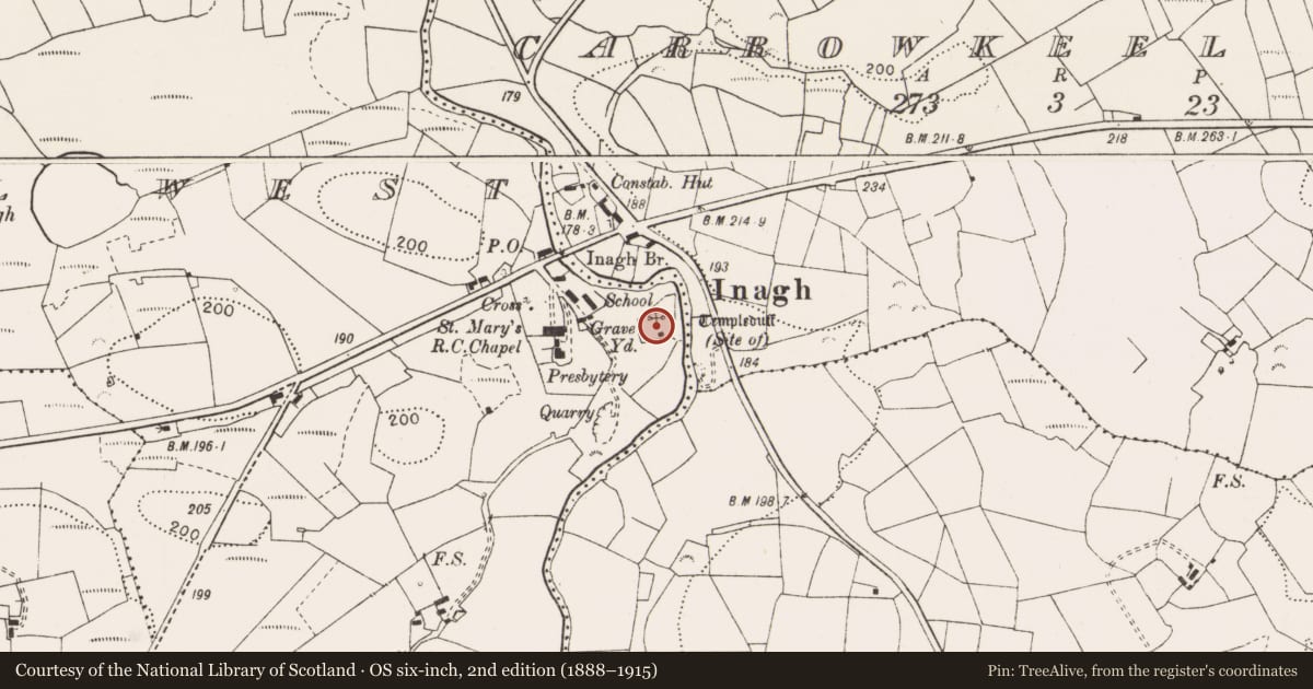 Ordnance Survey six-inch map, 2nd edition (1888–1915) covering the location of Graveyard, Carrowkeel West, County Clare, with a pin at the register's coordinates
