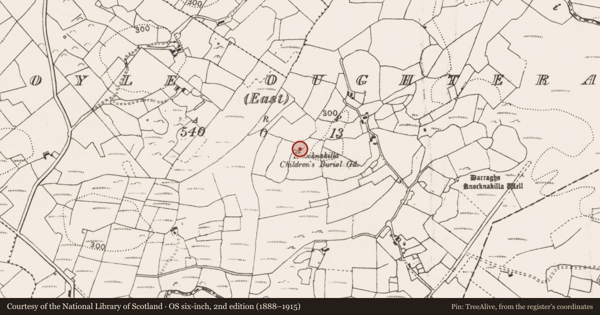 Ordnance Survey six-inch map, 2nd edition (1888–1915) covering the location of Children's burial ground, Formoyle Oughteragh (East), County Clare, with a pin at the register's coordinates