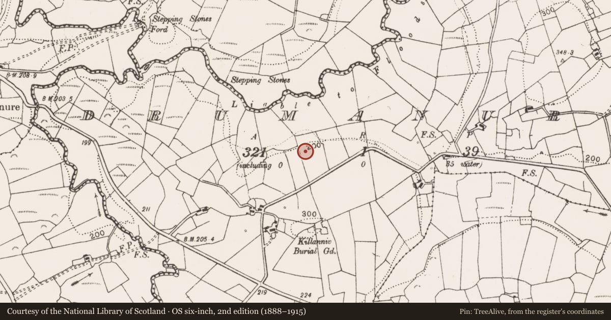 Ordnance Survey six-inch map, 2nd edition (1888–1915) covering the location of Enclosure, Drumanure, County Clare, with a pin at the register's coordinates