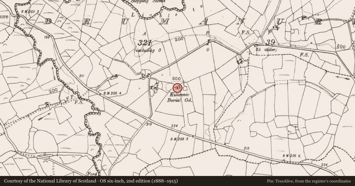 Ordnance Survey six-inch map, 2nd edition (1888–1915) covering the location of Children's burial ground, Drumanure, County Clare, with a pin at the register's coordinates