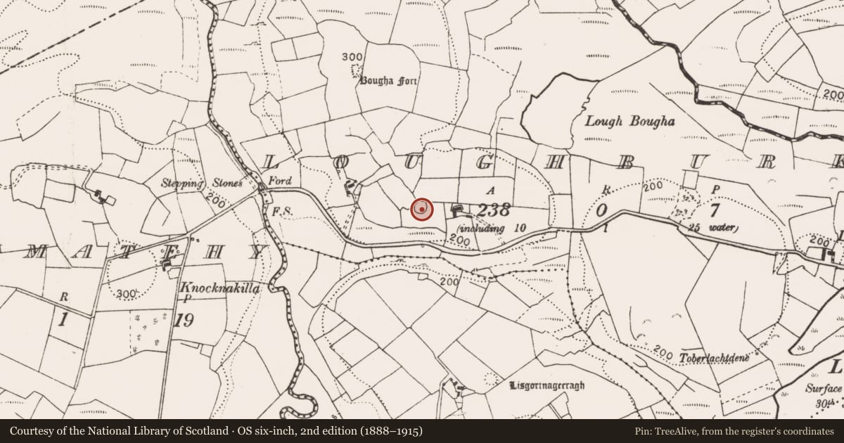 Ordnance Survey six-inch map, 2nd edition (1888–1915) covering the location of Enclosure, Loughburke, County Clare, with a pin at the register's coordinates
