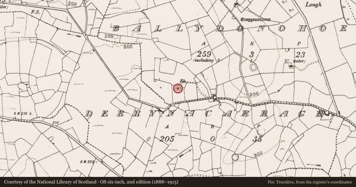 Ordnance Survey six-inch map, 2nd edition (1888–1915) covering the location of Ringfort - rath, Ballydonohoe, County Clare, with a pin at the register's coordinates