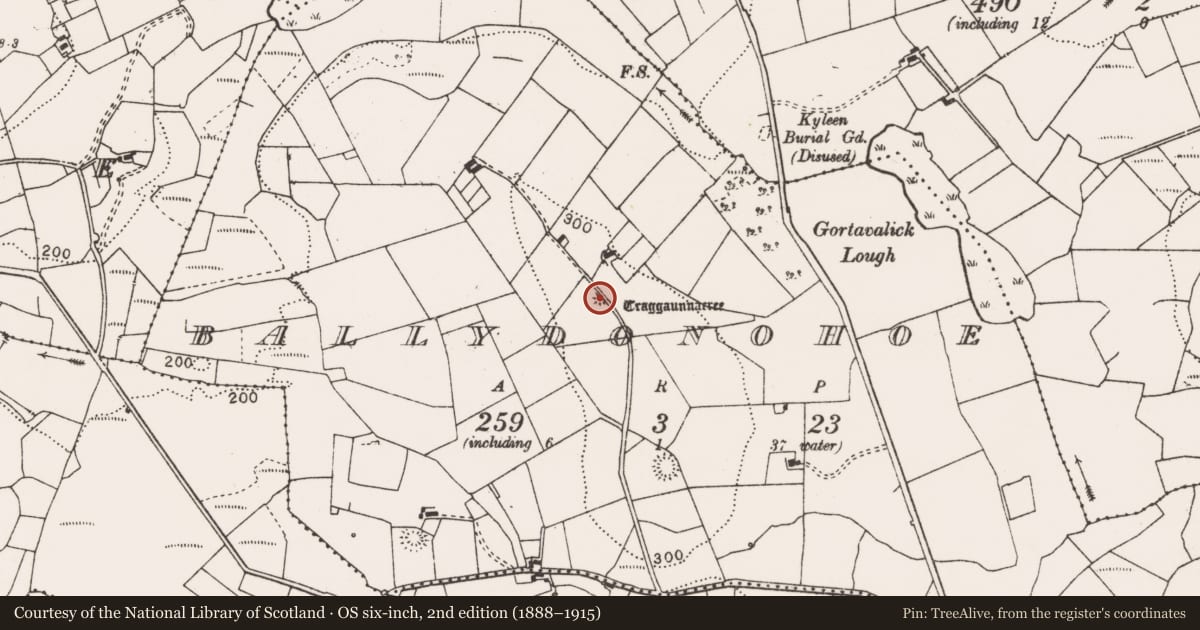 Ordnance Survey six-inch map, 2nd edition (1888–1915) covering the location of Earthwork, Ballydonohoe, County Clare, with a pin at the register's coordinates