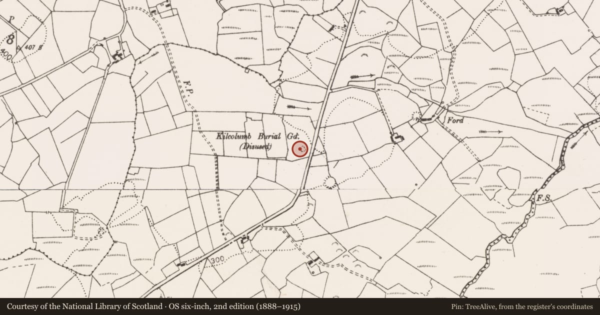 Ordnance Survey six-inch map, 2nd edition (1888–1915) covering the location of Children's burial ground, Kilcolumb, County Clare, with a pin at the register's coordinates