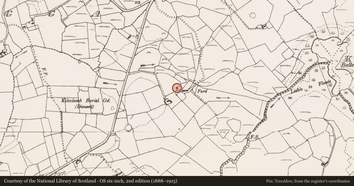 Ordnance Survey six-inch map, 2nd edition (1888–1915) covering the location of Ringfort - rath, Kilcolumb, County Clare, with a pin at the register's coordinates