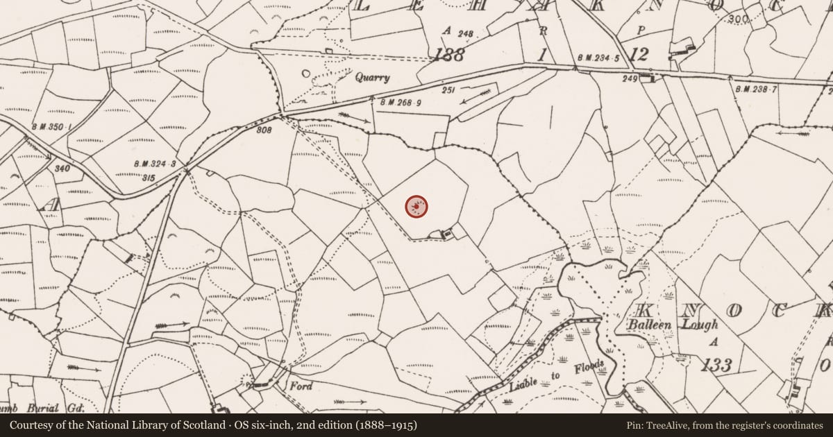 Ordnance Survey six-inch map, 2nd edition (1888–1915) covering the location of Ringfort - rath, Kilcolumb, County Clare, with a pin at the register's coordinates
