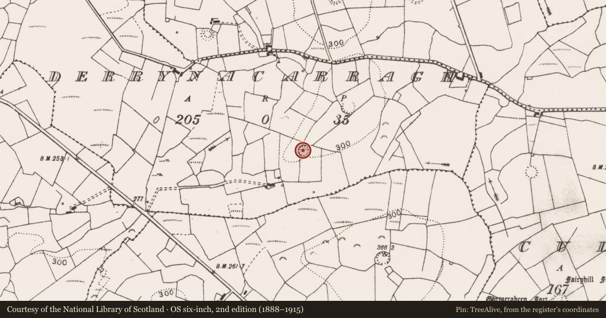 Ordnance Survey six-inch map, 2nd edition (1888–1915) covering the location of Ringfort - rath, Derrynacarragh, County Clare, with a pin at the register's coordinates