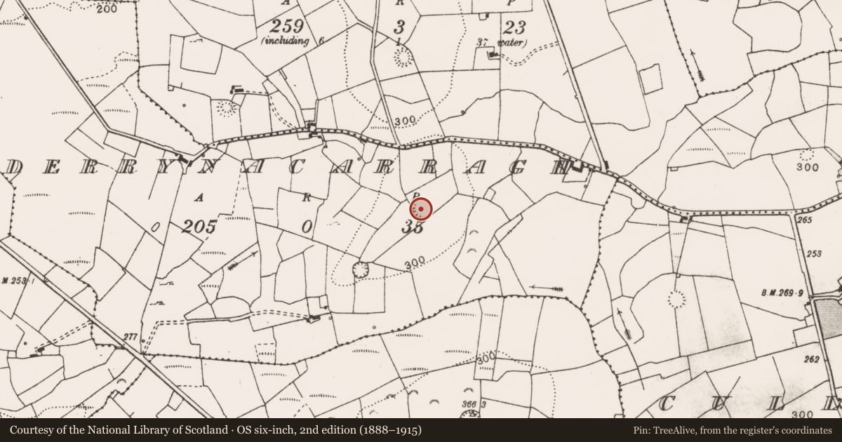Ordnance Survey six-inch map, 2nd edition (1888–1915) covering the location of Ringfort - rath, Derrynacarragh, County Clare, with a pin at the register's coordinates