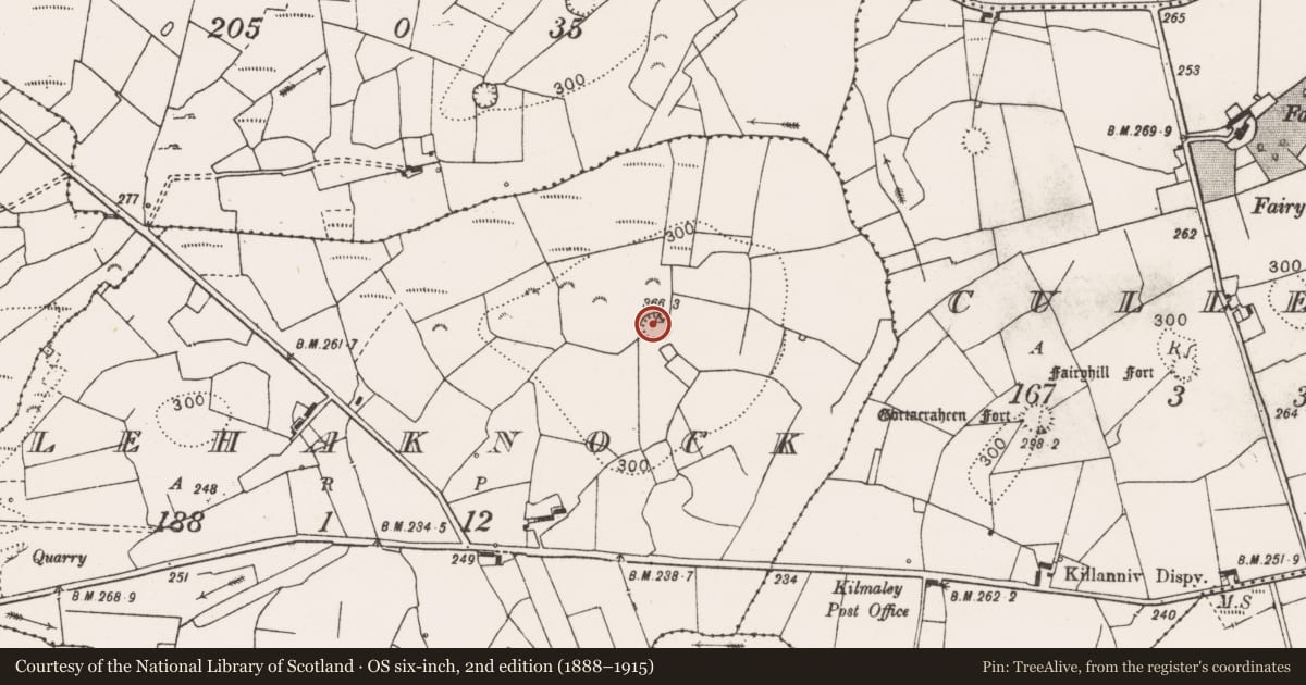 Ordnance Survey six-inch map, 2nd edition (1888–1915) covering the location of Ringfort - rath, Lehaknock, County Clare, with a pin at the register's coordinates