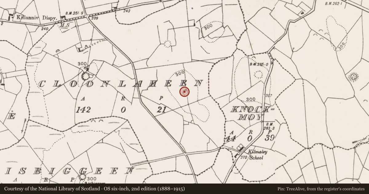 Ordnance Survey six-inch map, 2nd edition (1888–1915) covering the location of Ringfort - rath, Cloonlaheen, County Clare, with a pin at the register's coordinates
