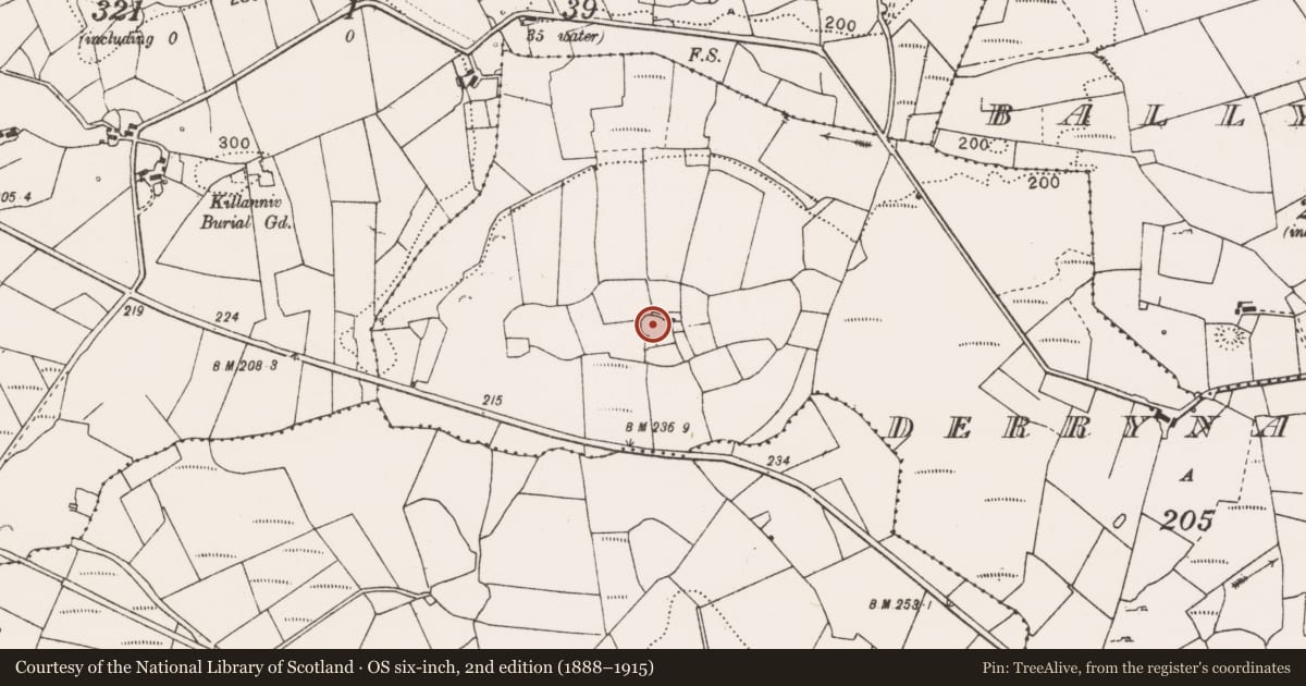 Ordnance Survey six-inch map, 2nd edition (1888–1915) covering the location of Enclosure, Derrynacarragh, County Clare, with a pin at the register's coordinates