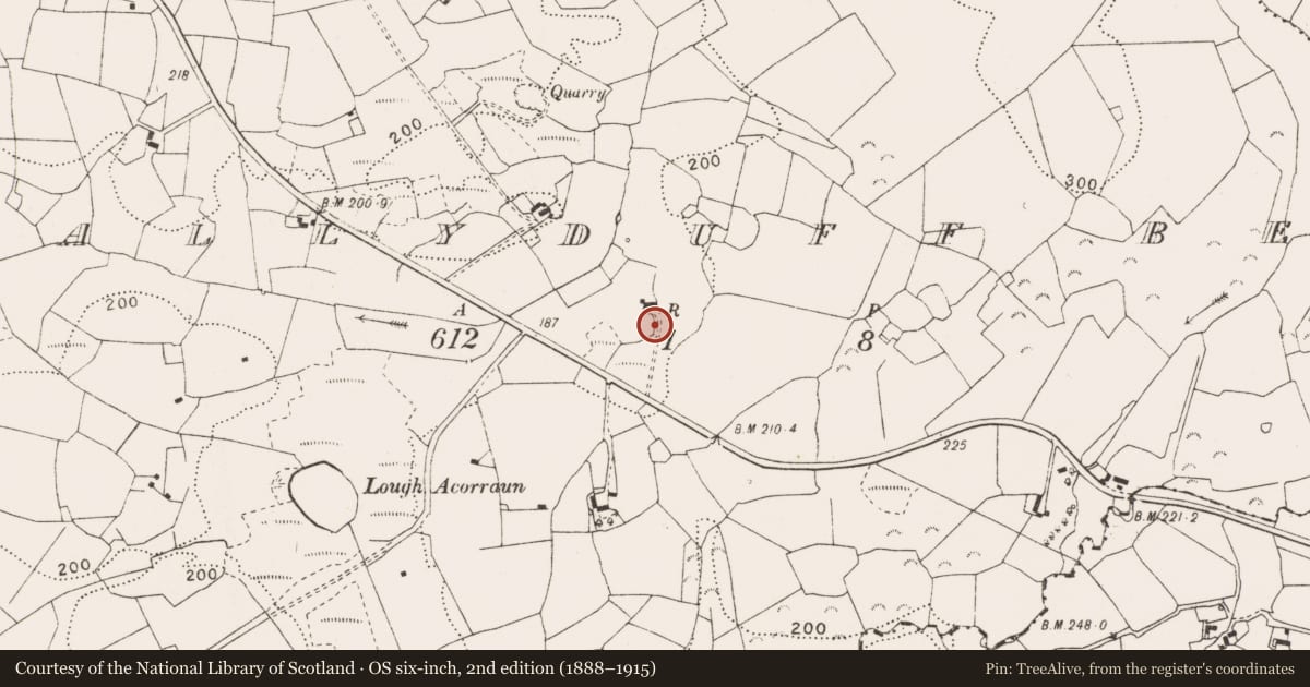 Ordnance Survey six-inch map, 2nd edition (1888–1915) covering the location of Earthwork, Ballyduff Beg, County Clare, with a pin at the register's coordinates