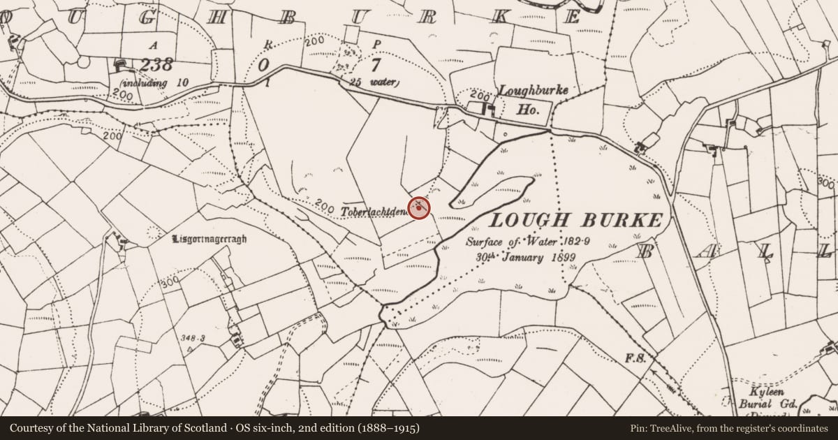 Ordnance Survey six-inch map, 2nd edition (1888–1915) covering the location of Ritual site - holy well, Loughburke, County Clare, with a pin at the register's coordinates