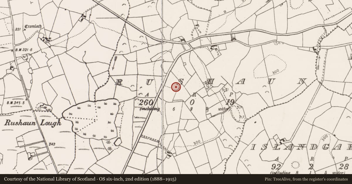 Ordnance Survey six-inch map, 2nd edition (1888–1915) covering the location of Ringfort - rath, Rushaun, County Clare, with a pin at the register's coordinates