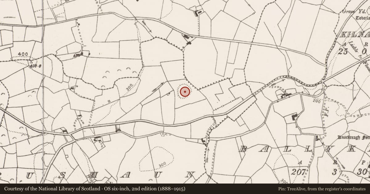 Ordnance Survey six-inch map, 2nd edition (1888–1915) covering the location of Enclosure, Rushaun, County Clare, with a pin at the register's coordinates