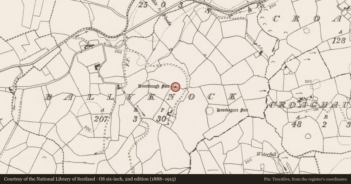 Ordnance Survey six-inch map, 2nd edition (1888–1915) covering the location of Ringfort - rath, Ballyknock, County Clare, with a pin at the register's coordinates