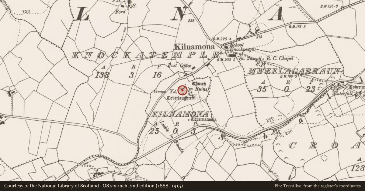 Ordnance Survey six-inch map, 2nd edition (1888–1915) covering the location of Graveyard, Kilnamona, County Clare, with a pin at the register's coordinates