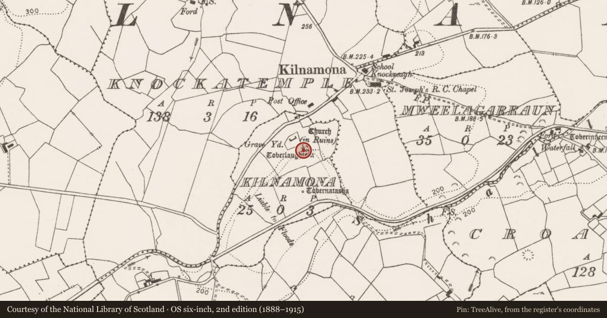 Ordnance Survey six-inch map, 2nd edition (1888–1915) covering the location of Ritual site - holy well, Kilnamona, County Clare, with a pin at the register's coordinates