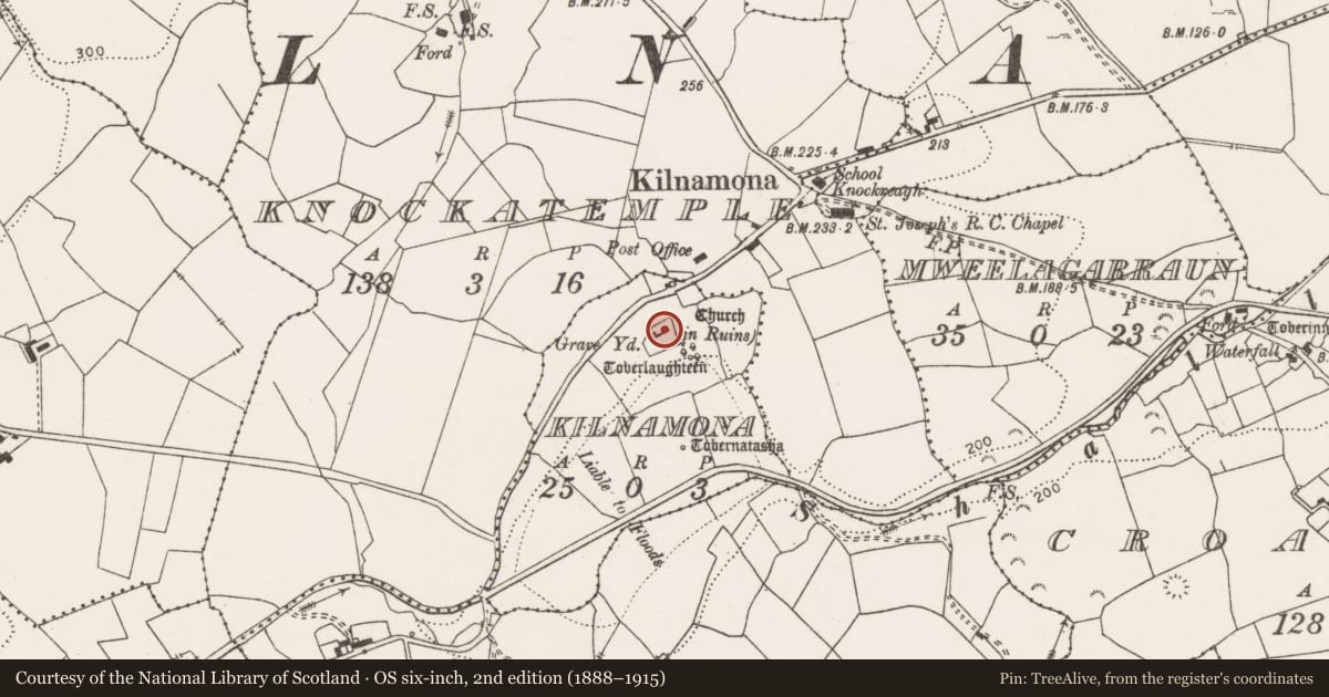 Ordnance Survey six-inch map, 2nd edition (1888–1915) covering the location of Graveslab, Kilnamona, County Clare, with a pin at the register's coordinates