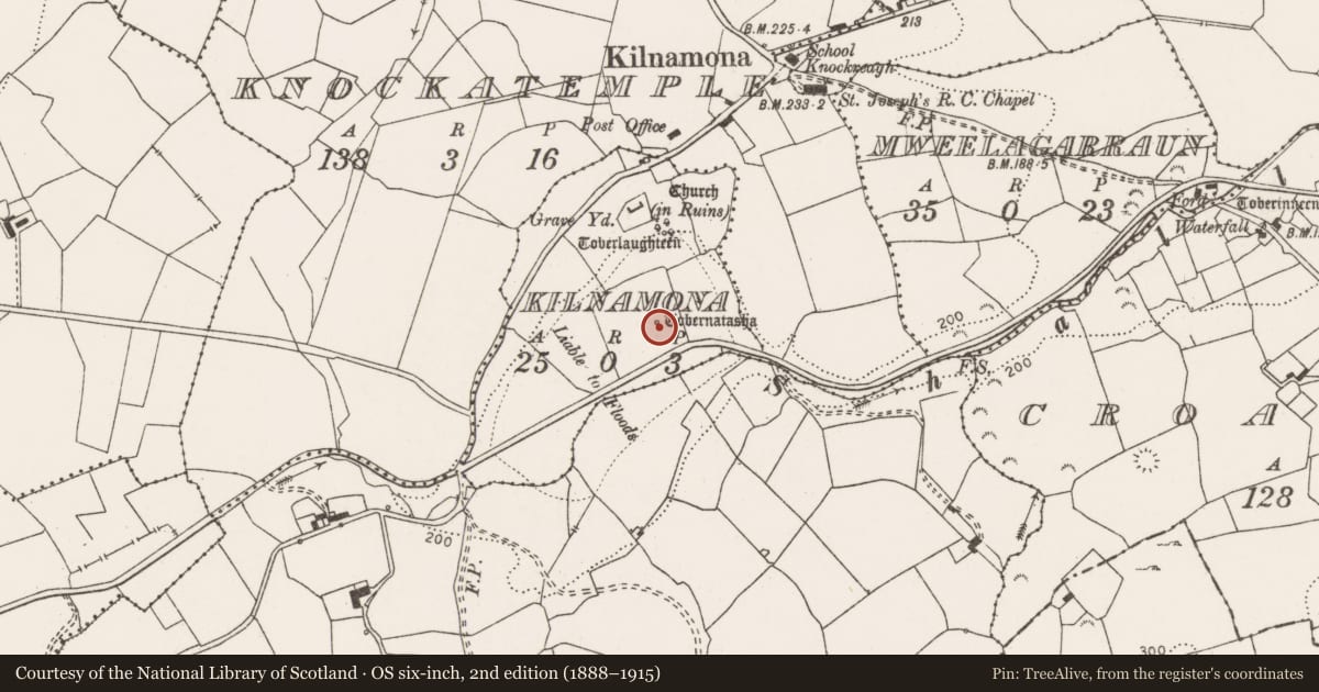 Ordnance Survey six-inch map, 2nd edition (1888–1915) covering the location of Ritual site - holy well, Kilnamona, County Clare, with a pin at the register's coordinates