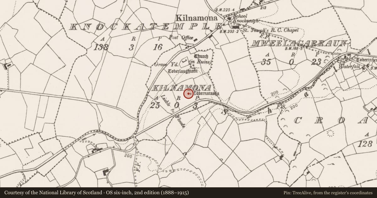 Ordnance Survey six-inch map, 2nd edition (1888–1915) covering the location of Cross-slab, Kilnamona, County Clare, with a pin at the register's coordinates